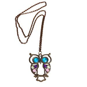 Vintage Owl Pendant Necklace Multicolor Gemstones Brass Tone No Clasp 26" Chain